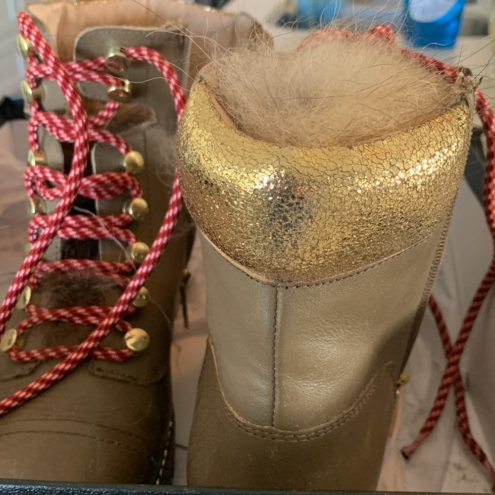 Beautiful Brown Gold trim Fur tie up boots brown leather and Fox fur size 8.5 - Picture 2 of 6